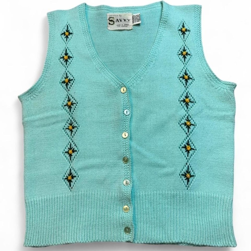 Vintage knitted floral 70s cottage core sweater vest size‎ XS